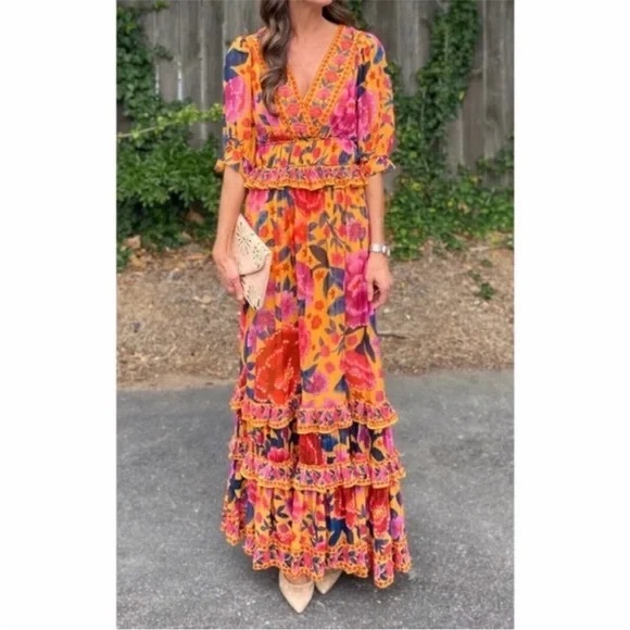 FARM RIO | FLORAL DREAM MAXI DRESS | Small | Anthropologie | Tiered Gown - Picture 5 of 10